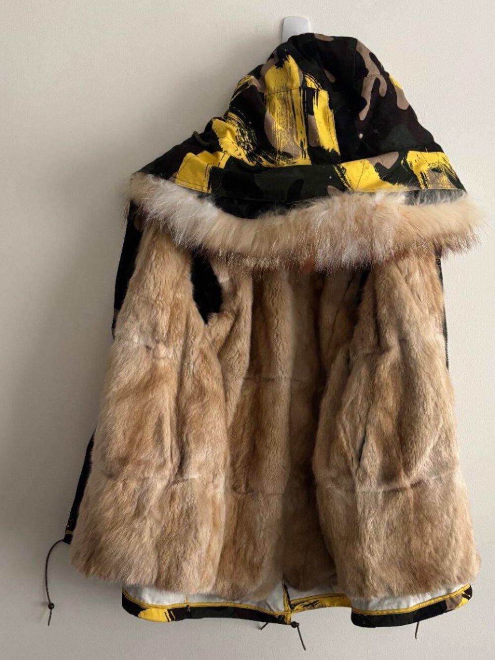$2000 EDGII Camo Yellow Cotton Mink Lining Raccoon Fur Goose Down Parka L -XL